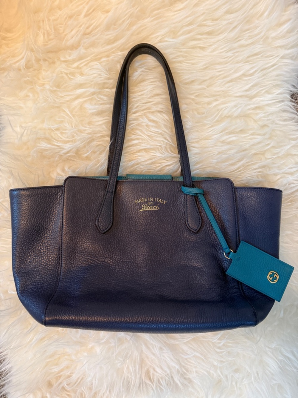 Gucci Navy Swing Leather Tote with Teal Accent Tag